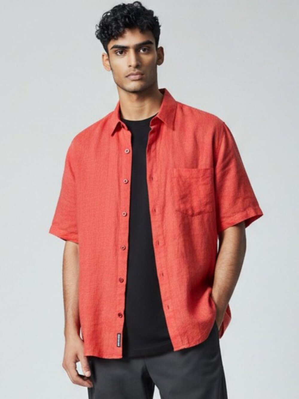 Silk Club Mens Large Red Linen Short Sleeve Button Up Collared Shirt Top Sz L